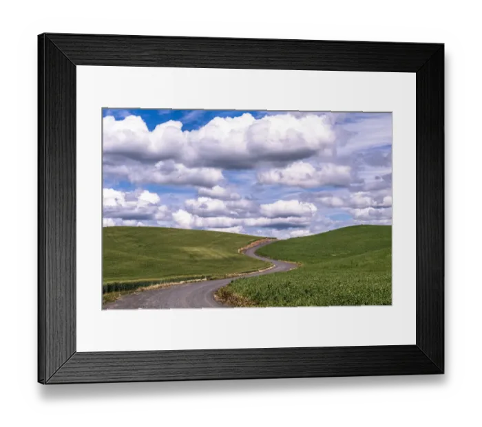 Framed Print : Rural scene with winding road on cloudy day, Palouse, Washington State, USA Framed Print : Rural scene with winding road on cloudy day, Palouse, Washington State, USA