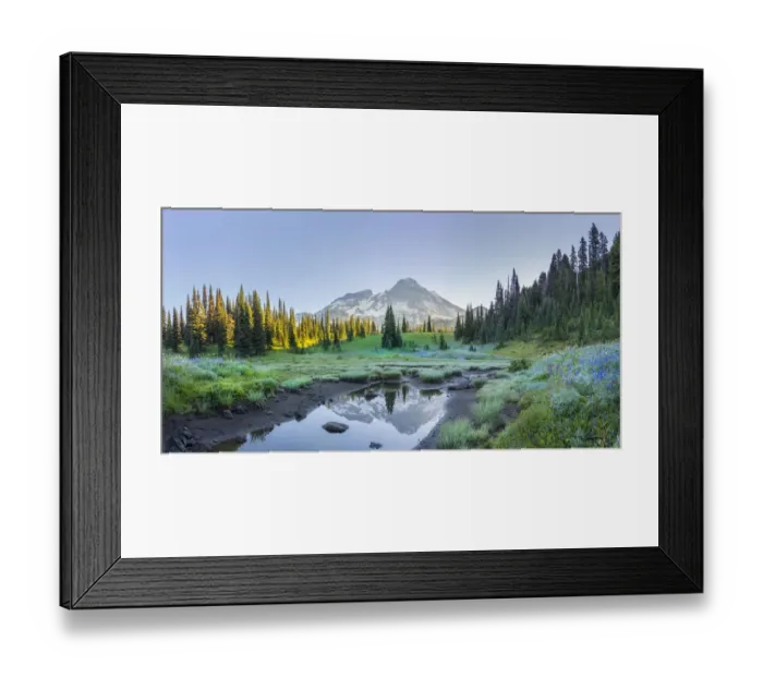 Framed Print : Mt. Rainier reflecting in tarn at dawn, Indian Henrys Hunting Ground, Mt. Rainier National Park, Washington State, USA