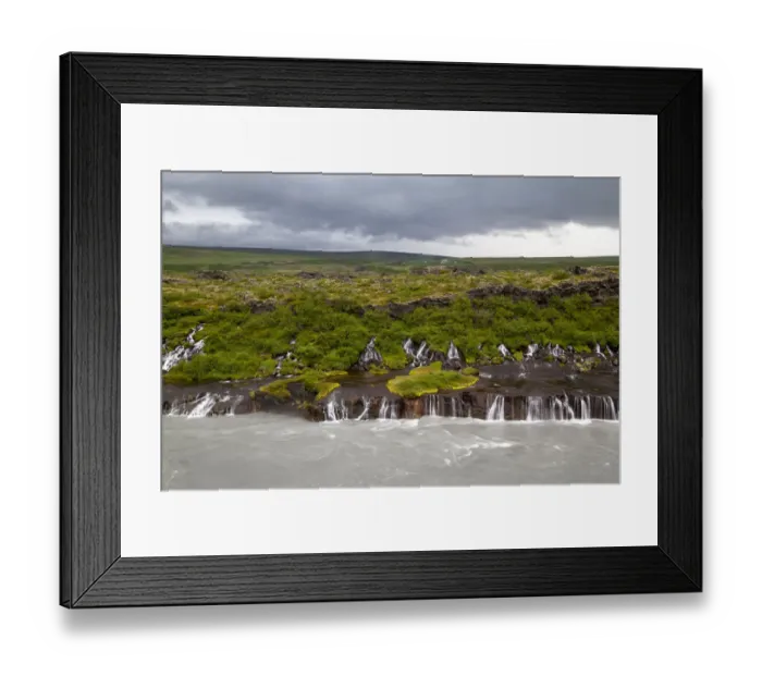 Framed Print : Cascades of water from nearby glaciers flowing into Hvita River, Hraunfossar Falls, Borgarfjordur, West Iceland, Iceland