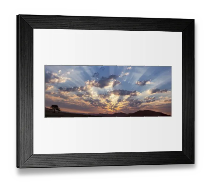Framed Print : Panoramic of God beams over desert at sunset, Namib-Naukluft Park, Namibia Framed Print : Panoramic of God beams over desert at sunset, Namib-Naukluft Park, Namibia