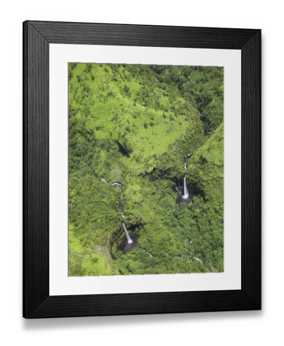Framed Print : Aerial of forested mountains and waterfalls, Kauai, Hawaii, USA
