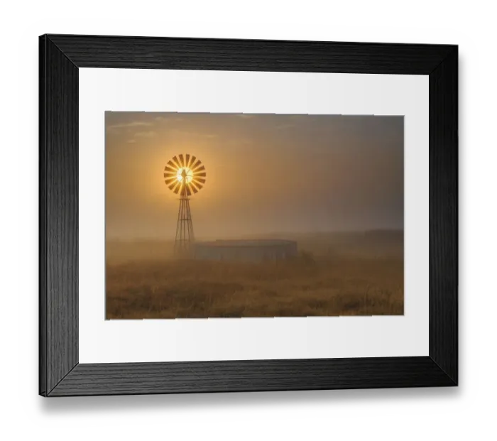 Framed Print : Windmill Backlit at Sunrise in the Mist and Fog of a Cold Winter Morning, Free State Province, South Africa