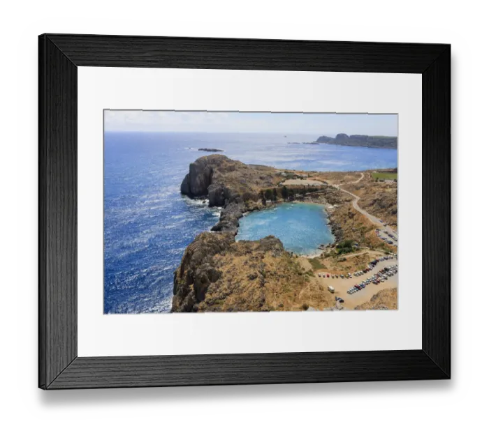Framed Print : St Pauls Bay seen from Dorian Acropolis of Lindos from about 10th Century BC, Rhodes, Greece