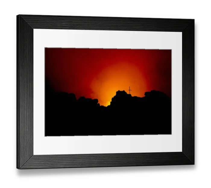 Framed Print : Memorial cross silhouetted on Mount Nyiragongo Volcano, Kibati, Virunga National Park, Parq National des Virunga, Democratic Republic of Congo Framed Print : Memorial cross silhouetted on Mount Nyiragongo Volcano, Kibati, Virunga National Park, Parq National des Virunga, Democratic Republic of Congo