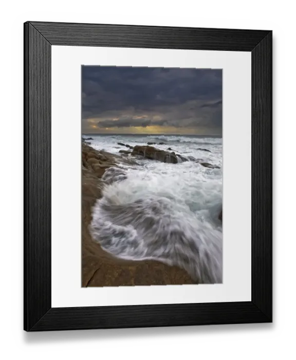 Framed Print : Landscape photo of ocean waves crashing onto the rocks under a stormy moody sky at sunrise. Durban, Kwazulu-Natal, South Africa Framed Print : Landscape photo of ocean waves crashing onto the rocks under a stormy moody sky at sunrise. Durban, Kwazulu-Natal, South Africa