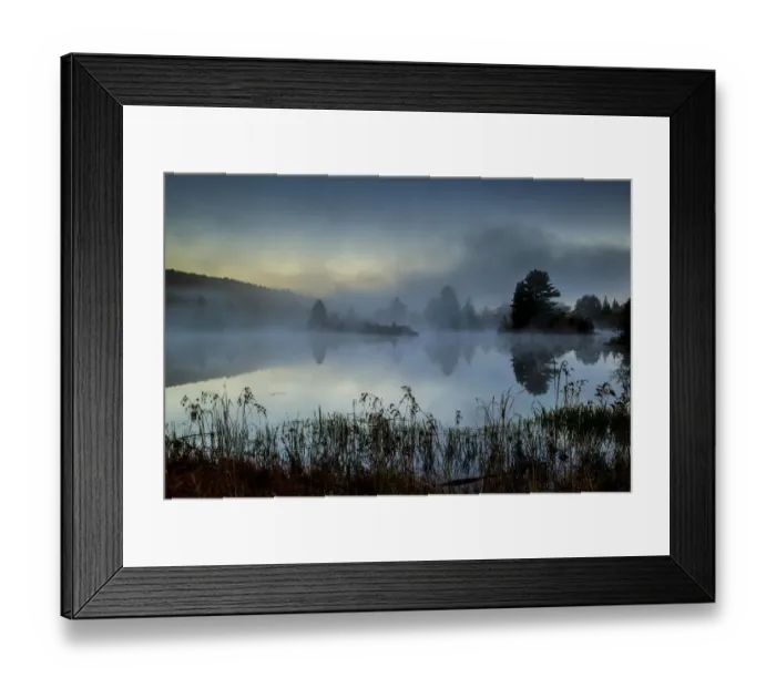 Framed Print : Streeter Pond in fog at dawn, New Hampshire, USA