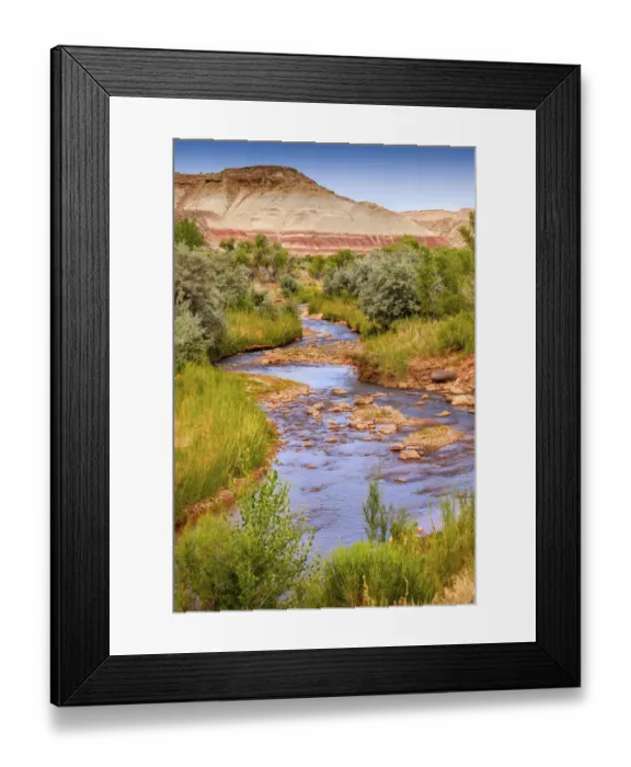 Framed Print : Red White Sandstone Mountain and Fremont River, Capitol Reef National Park, Torrey, Utah, USA