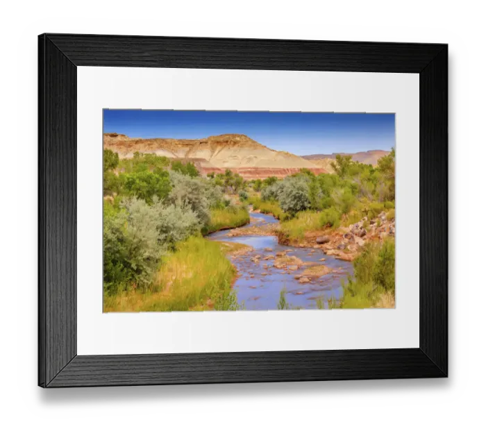 Framed Print : Red White Sandstone Mountain and Fremont River, Capitol Reef National Park, Torrey, Utah, USA Framed Print : Red White Sandstone Mountain and Fremont River, Capitol Reef National Park, Torrey, Utah, USA