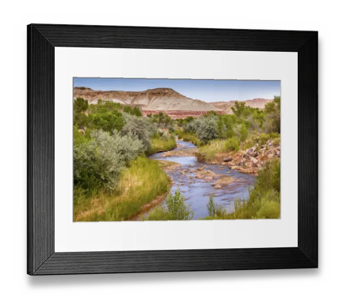 Framed Print : Red White Sandstone Mountain and Fremont River, Capitol Reef National Park, Torrey, Utah, USA