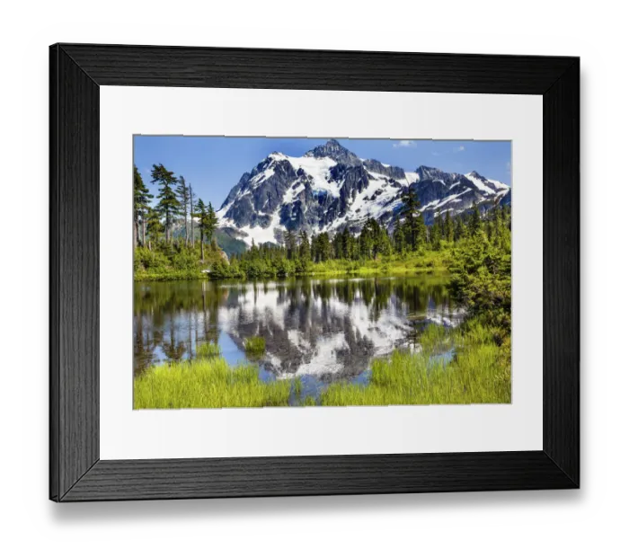 Framed Print : Lake Evergreens, Mount Shuksan and Mount Baker, Washington State, USA Framed Print : Lake Evergreens, Mount Shuksan and Mount Baker, Washington State, USA