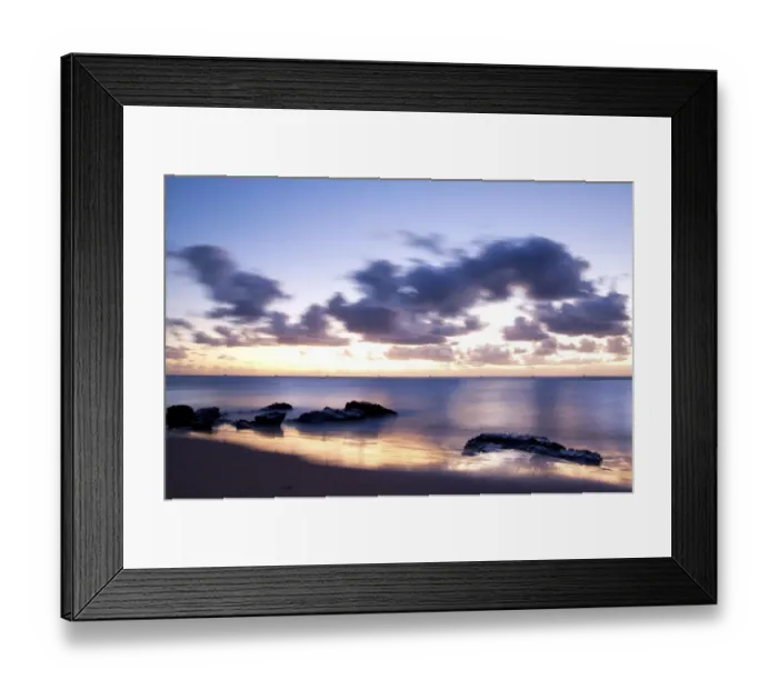 Framed Print : Sunrise landscape of ocean with waves clouds and rocks on beach Framed Print : Sunrise landscape of ocean with waves clouds and rocks on beach