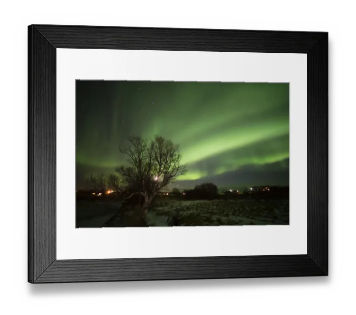 Framed Print : Northern lights above snowy landscape, Laukvik, Nordland County, Norway