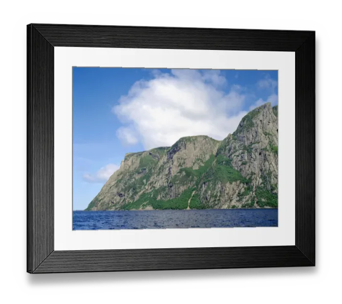Framed Print : Billion year old rock of Long Range Mountains form steep cliffs above Western Brook Pond, Gros Morne National Park, Newfoundland, Canada Framed Print : Billion year old rock of Long Range Mountains form steep cliffs above Western Brook Pond, Gros Morne National Park, Newfoundland, Canada