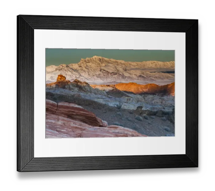 Framed Print : Snow covered mountains and different geological layers of rock, Valley of Fire State Park, Nevada, USA Framed Print : Snow covered mountains and different geological layers of rock, Valley of Fire State Park, Nevada, USA
