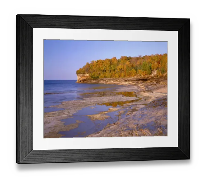 Framed Print : Sandstone shoreline by Lake Superior and autumn forest at Mosquito Beach, Pictured Rocks National Lakeshore, Michigan, USA Framed Print : Sandstone shoreline by Lake Superior and autumn forest at Mosquito Beach, Pictured Rocks National Lakeshore, Michigan, USA