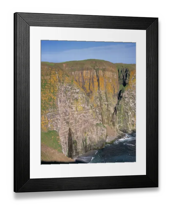 Framed Print : Lichen colored cliffs, Cape Saint Marys Ecological Reserve, Newfoundland, Canada