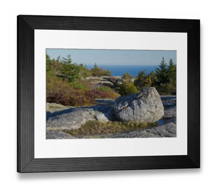Framed Print : Boulder on Cadillac Mountain, Frenchman Bay, Acadia National Park, Maine, New England, USA