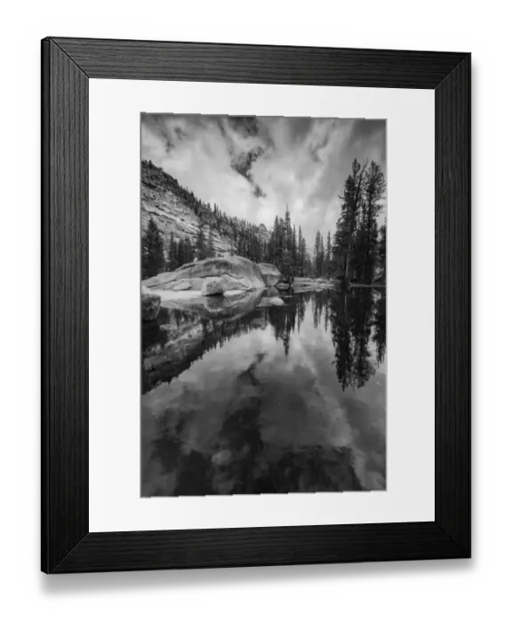 Framed Print : Black and white image of granite outcropping with boulders by lake, Yosemite National Park, California, USA Framed Print : Black and white image of granite outcropping with boulders by lake, Yosemite National Park, California, USA