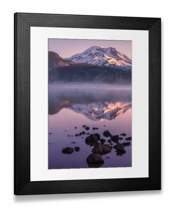 Framed Print : Mount Bachelor by lake in fog, Sparks Lake, Oregon, USA