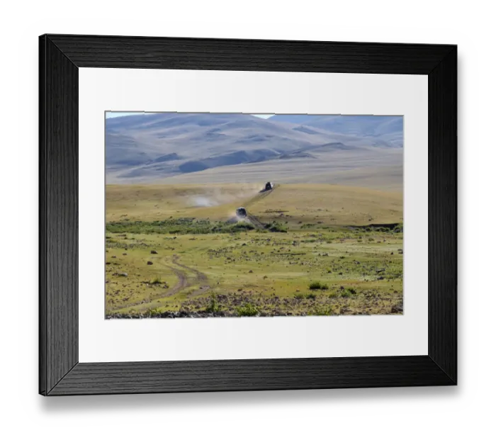 Framed Print : Four-wheel drive vehicles following dirt road, Khovd Province, Mongolia Framed Print : Four-wheel drive vehicles following dirt road, Khovd Province, Mongolia