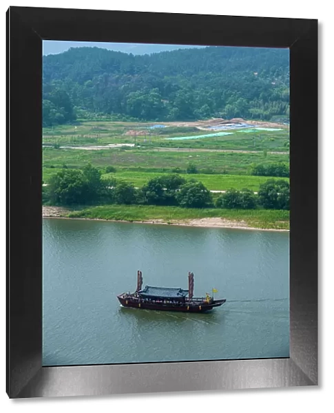 Traditional dragon boat, Baengma River, Buso mountain fortress in Busosan park Buyeu, South Korea