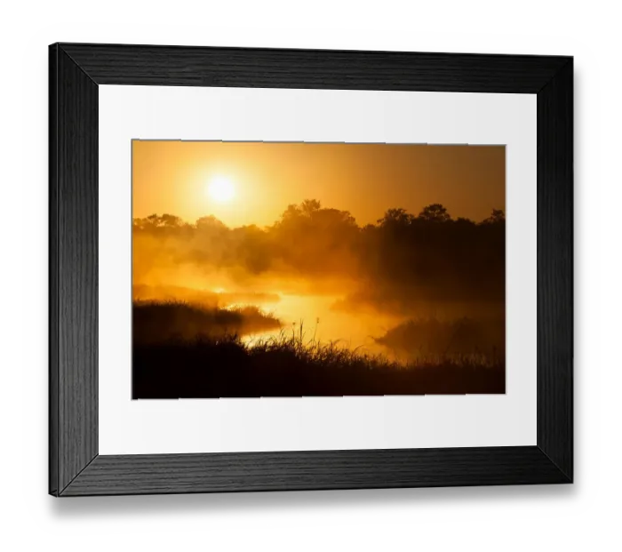 Framed Print : A horizontal, moody, colour image of a winding river with early morning golden light glowing through the mist rising off it and trees and grasses silhouetted along its edge at Machaba, Botswana Framed Print : A horizontal, moody, colour image of a winding river with early morning golden light glowing through the mist rising off it and trees and grasses silhouetted along its edge at Machaba, Botswana