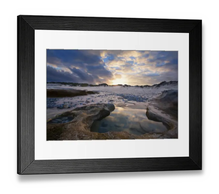 Framed Print : Sunset reflection in a water puddle - Arniston, South Africa Framed Print : Sunset reflection in a water puddle - Arniston, South Africa