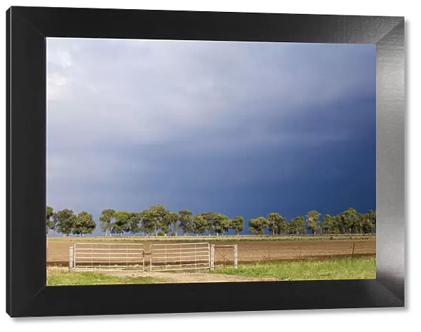 agriculture, cloud, color image, day, farm, fence, gate, horizontal, landscape, line