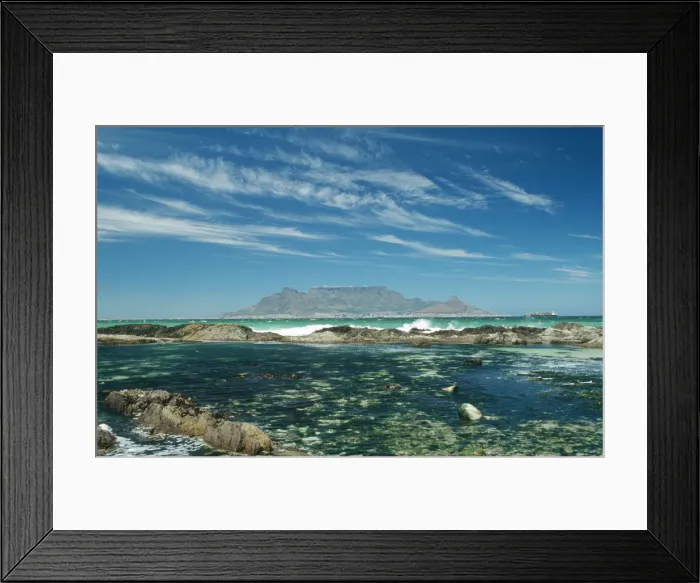 Framed Print : Table Mountain across the bay with rock pool in foreground Framed Print : Table Mountain across the bay with rock pool in foreground