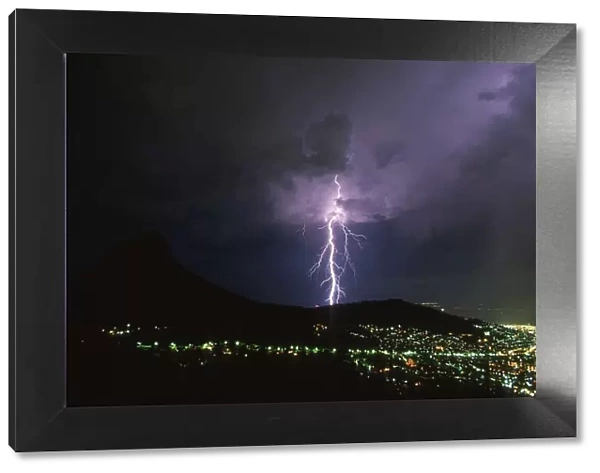 Lightning Over Signal Hill with City Lights at Night
