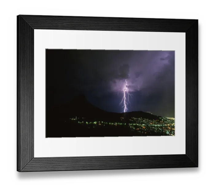 Framed Print : Lightning Over Signal Hill with City Lights at Night