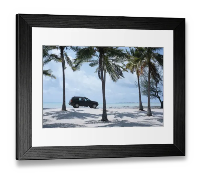 Framed Print : 4x4 Vehicle Parked Under the Palm Trees on the Beach Framed Print : 4x4 Vehicle Parked Under the Palm Trees on the Beach