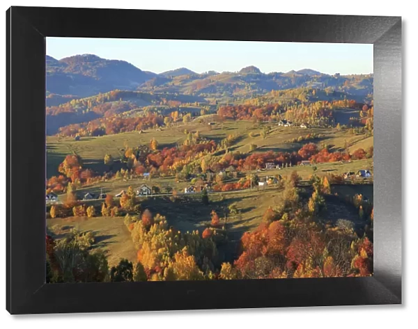 Landscape of village and mountain range, Piatra Craiului National Park, Magura, Carpathian Mountains, Brasov, Brasov County, Transylvania, Romania