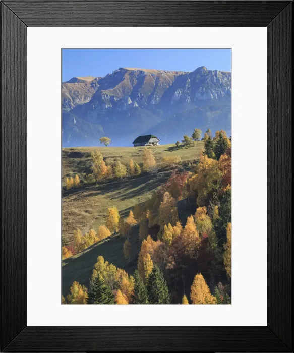 Framed Print : Scenic landscape of mountain range and house, Piatra Craiului National Park, Magura, Carpathian Mountains, Brasov, Brasov County, Transylvania, Romania Framed Print : Scenic landscape of mountain range and house, Piatra Craiului National Park, Magura, Carpathian Mountains, Brasov, Brasov County, Transylvania, Romania