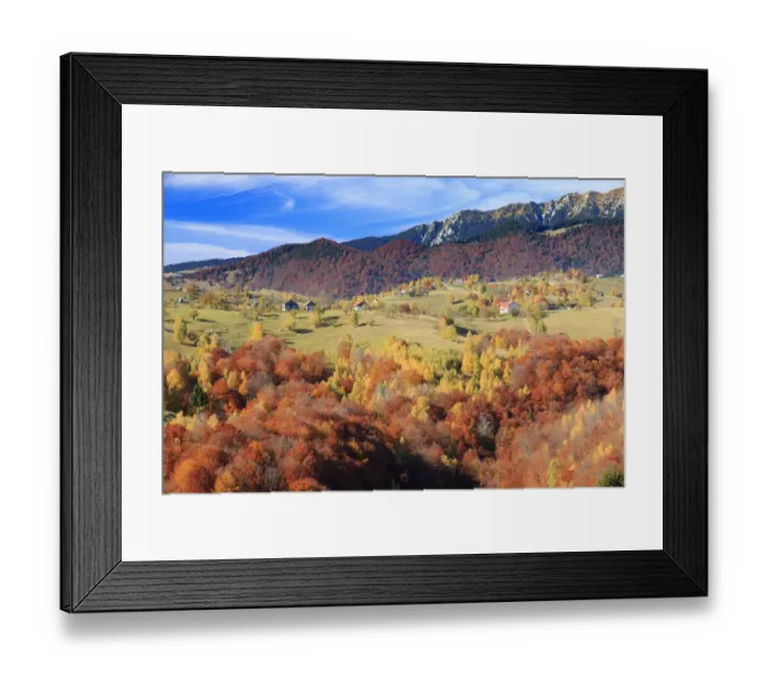 Framed Print : Autumn landscape of hills and mountain range in background, Piatra Craiului National Park, Magura, Carpathian Mountains, Brasov, Brasov County, Transylvania, Romania