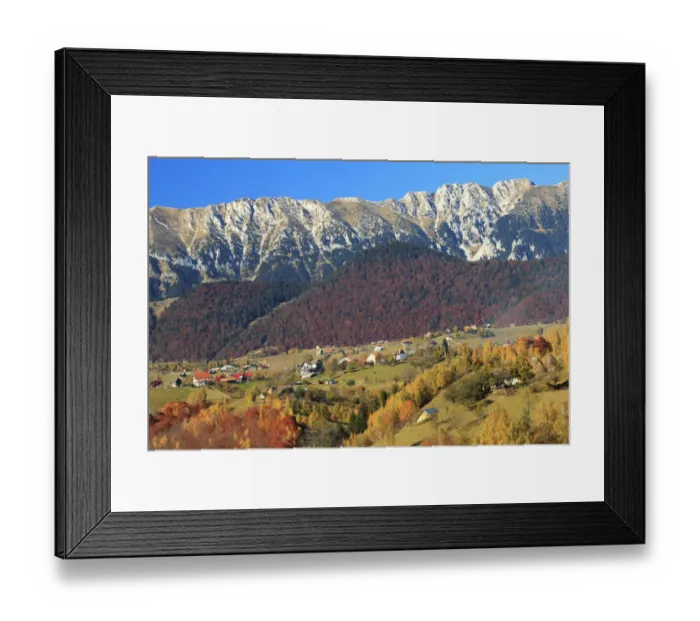 Framed Print : Autumn landscape of little village and mountain range in background, Piatra Craiului National Park, Magura, Carpathian Mountains, Brasov, Brasov County, Transylvania, Romania Framed Print : Autumn landscape of little village and mountain range in background, Piatra Craiului National Park, Magura, Carpathian Mountains, Brasov, Brasov County, Transylvania, Romania