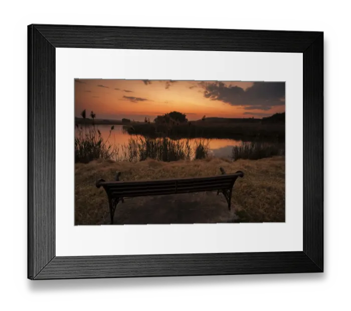 Framed Print : Lonesome bench landscape at sunset on the shore of a remote farm lake, Magaliesburg, Gauteng Province, South Africa Framed Print : Lonesome bench landscape at sunset on the shore of a remote farm lake, Magaliesburg, Gauteng Province, South Africa