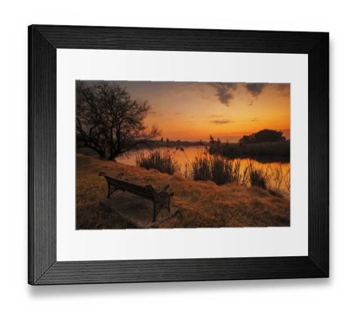Framed Print : Lonesome park bench at sunset on the shores of a remote farm lake near Magaliesburg, Gauteng Province, South Africa Framed Print : Lonesome park bench at sunset on the shores of a remote farm lake near Magaliesburg, Gauteng Province, South Africa