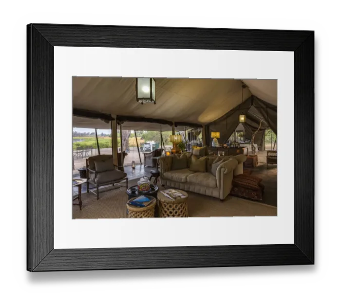 Framed Print : Tented lounge area of luxury Machaba Camp, Okavango Delta, Botswana Framed Print : Tented lounge area of luxury Machaba Camp, Okavango Delta, Botswana