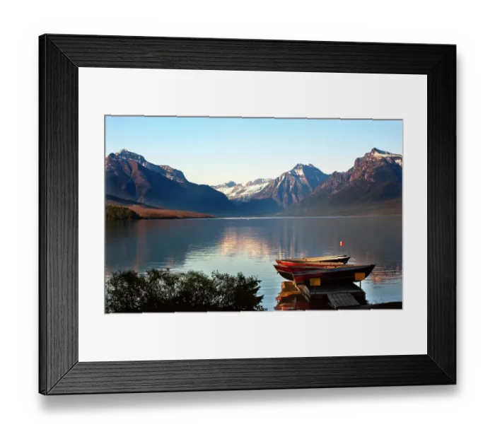Framed Print : Lake McDonald and mountains, Boats at Glacier National Park, USA
