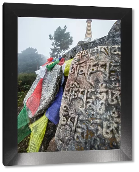Everest base camp trek, Himalayas, Nepal, Tengboche, mani stones, prayer flags, Colour Image