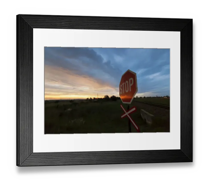 Framed Print : Railway crossing warning signal with Stop sign at sunset near the town of Magaliesburg, Gauteng Province, South Africa Framed Print : Railway crossing warning signal with Stop sign at sunset near the town of Magaliesburg, Gauteng Province, South Africa
