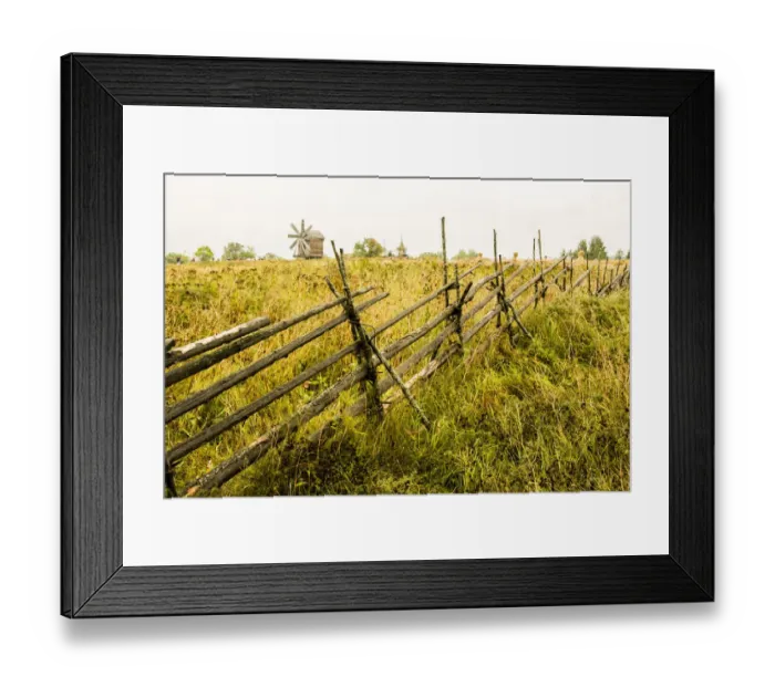Framed Print : Rural landscape with wooden fence, Kizhi Island, Lake Onega, Russia Framed Print : Rural landscape with wooden fence, Kizhi Island, Lake Onega, Russia