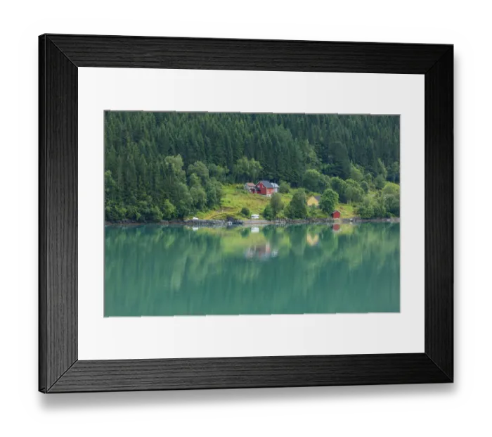 Framed Print : Wooden farmhouses on hill by fjord, Olden, Norway Framed Print : Wooden farmhouses on hill by fjord, Olden, Norway