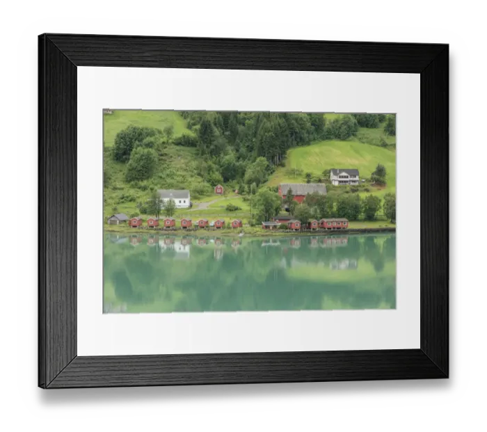 Framed Print : Rural scene with wooden buildings by fjord, Architecture, Olden, Norway Framed Print : Rural scene with wooden buildings by fjord, Architecture, Olden, Norway