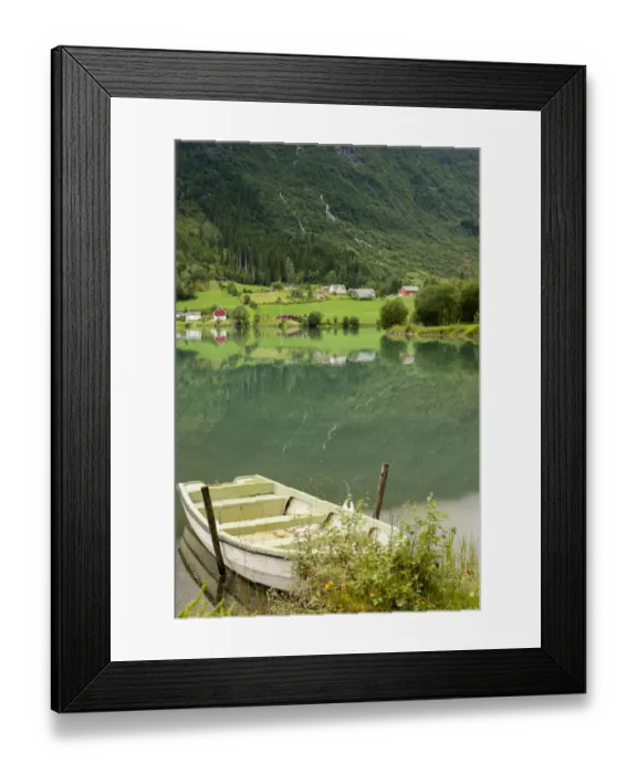 Framed Print : Rural scene with rowboat on lake, Olden, Norway Framed Print : Rural scene with rowboat on lake, Olden, Norway