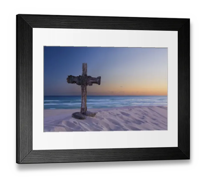 Framed Print : Wooden cross on a beach at sunset - De Mond, South Africa