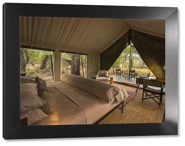 Inside view of luxury tent, Machaba Camp, Okavango Delta, BBotswana