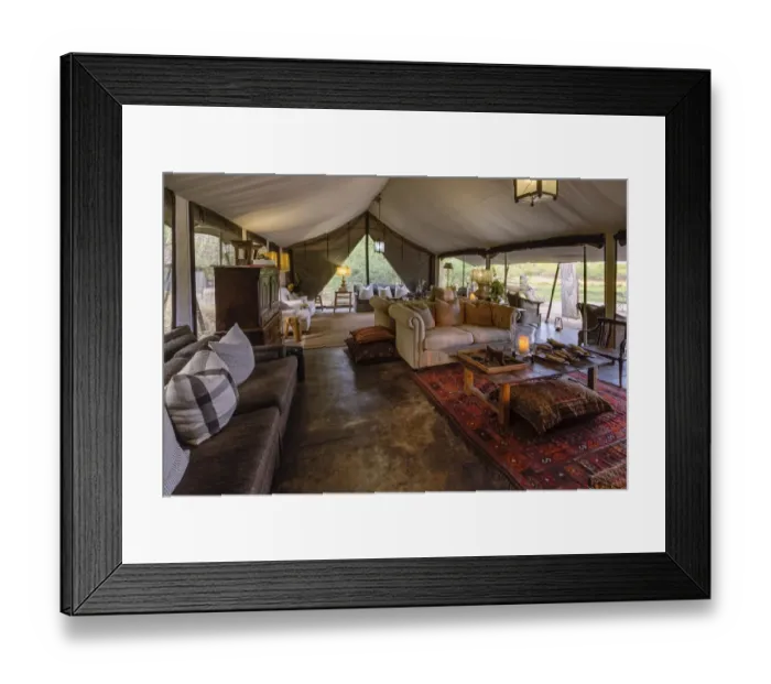 Framed Print : Tented lounge area of luxury Machaba Camp, Okavango Delta, Botswana Framed Print : Tented lounge area of luxury Machaba Camp, Okavango Delta, Botswana