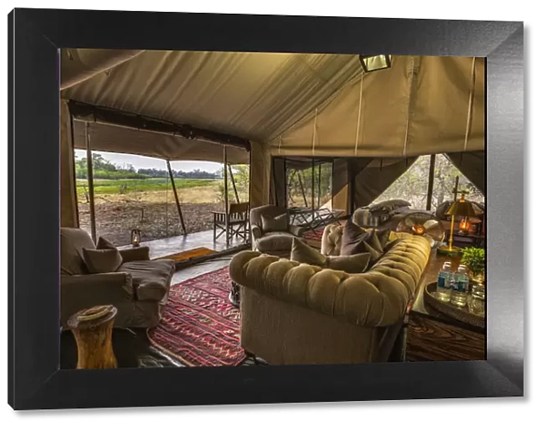 Lounge area of luxury family tent, Machaba Camp, Okavango Delta, Botswana
